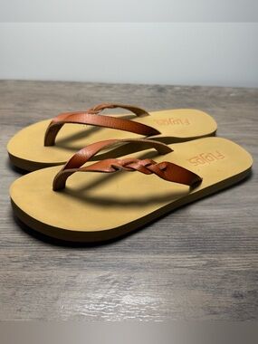 Flojos Kids Brown Leather Strappy Flip Flops with Tan Footbed